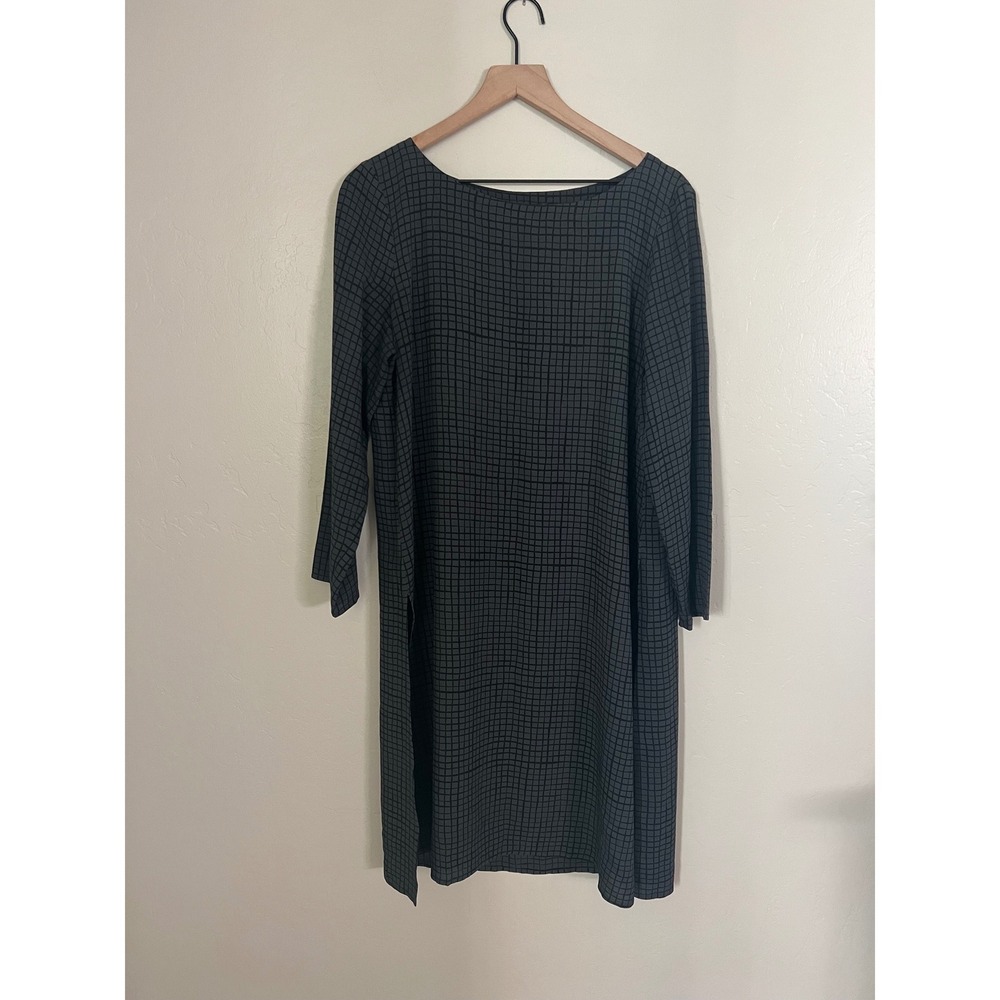 Eileen Fisher 100%‎ Silk Grid Print Long Sleeve Shift Dress Medium